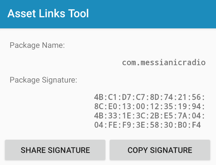 A screenshot of the Asset Links Tool app showing the asset link details