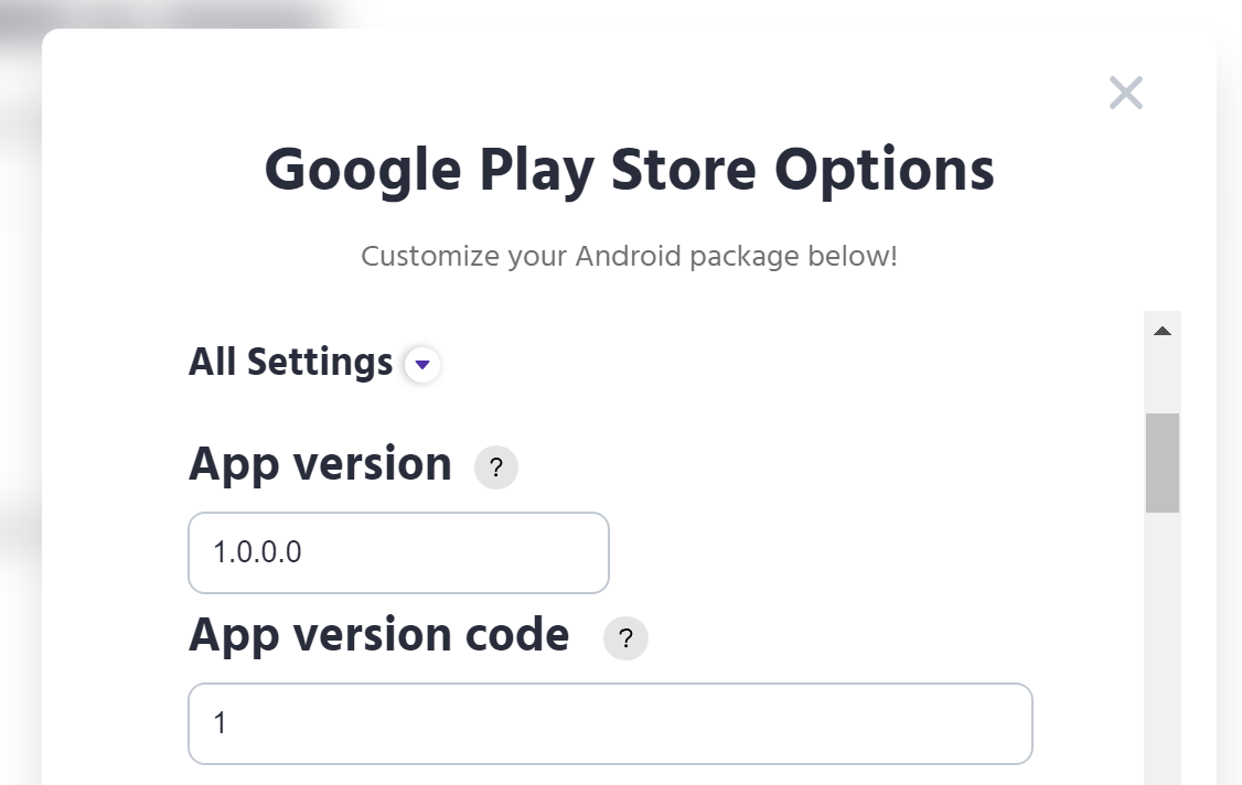 A screenshot of the version code and version input on the PWABuilder Android options UI