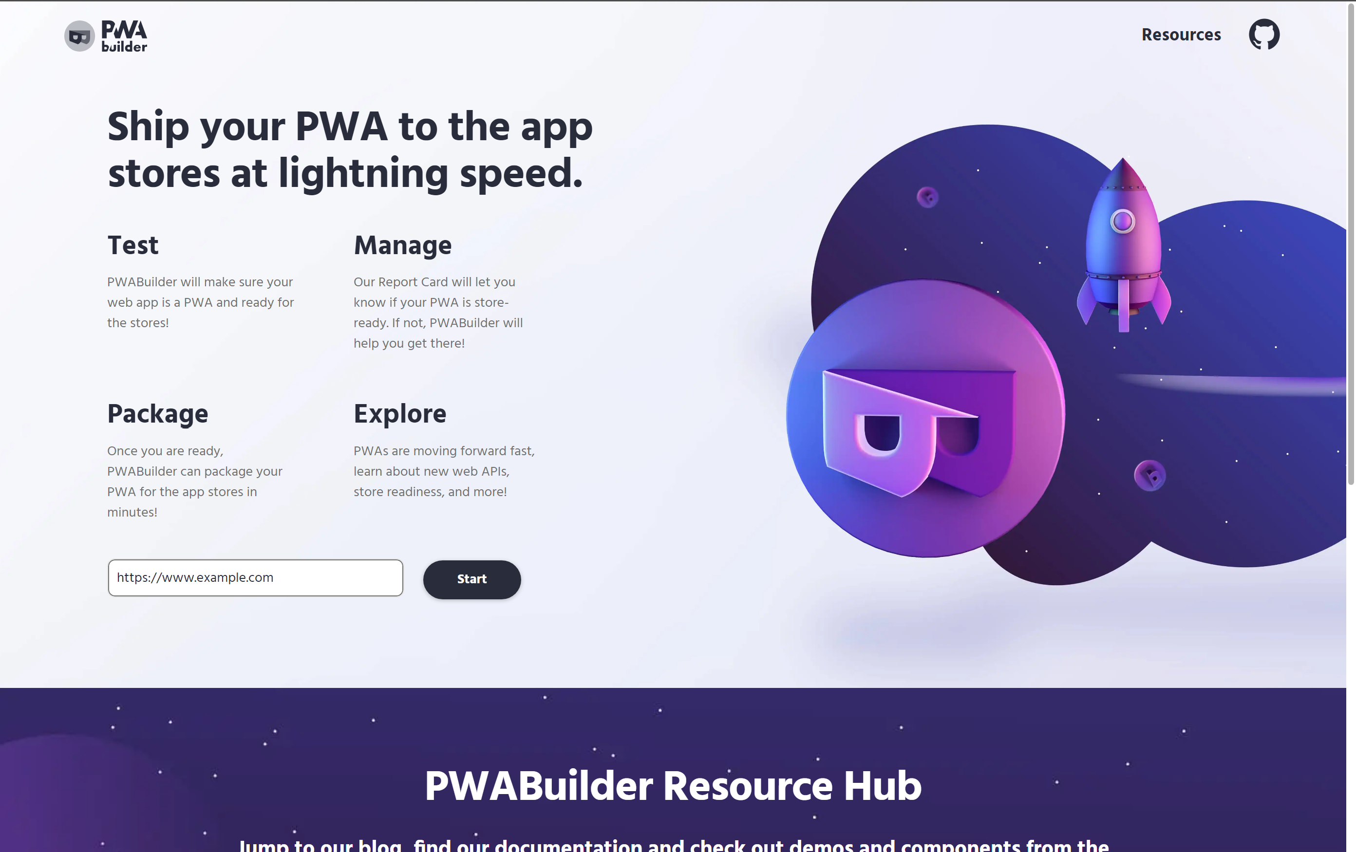 A screenshot that shows the homepage of PWABuilder