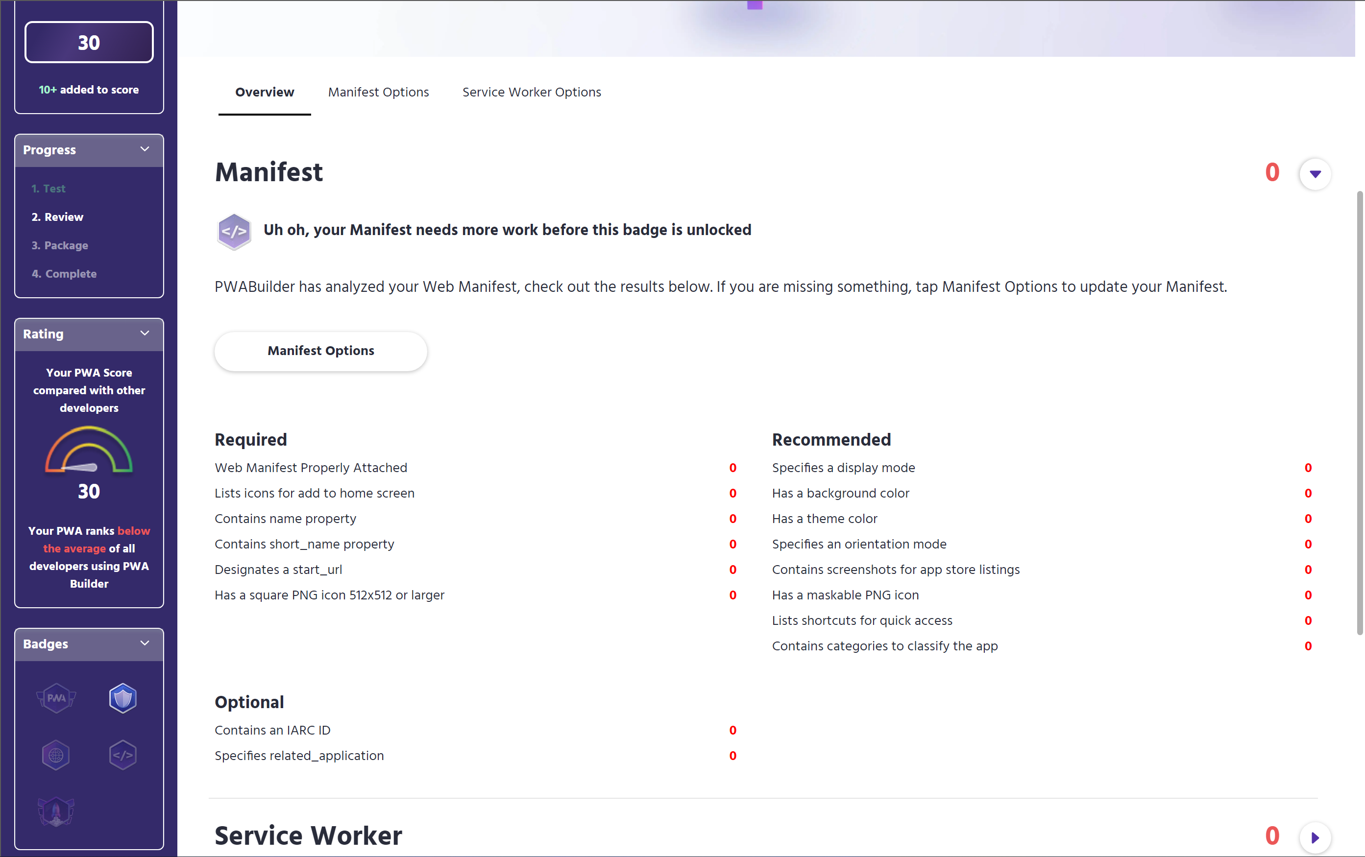 A screenshot of the manifest score overview on PWABuilder