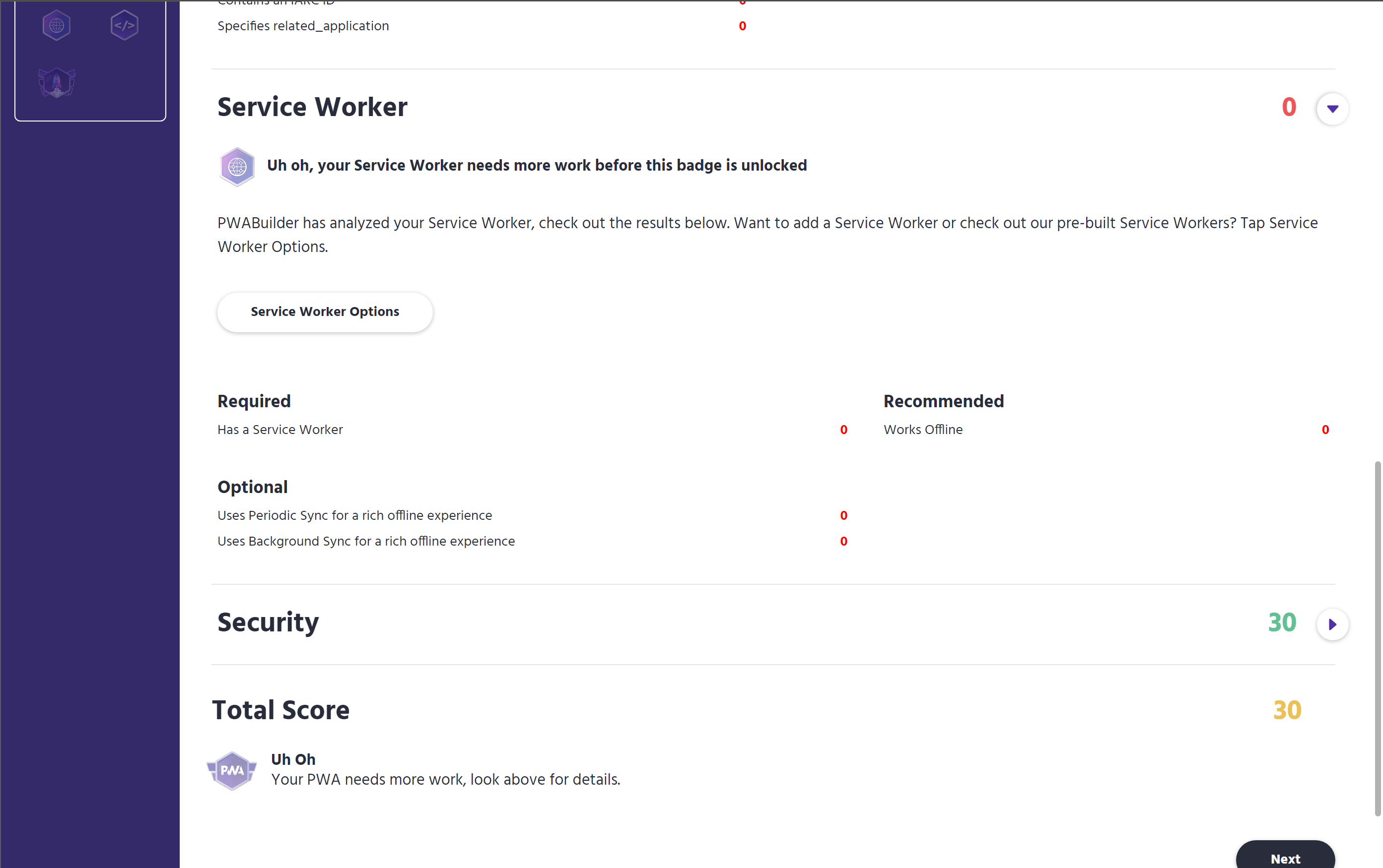 A screenshot of the service worker score overview on PWABuilder