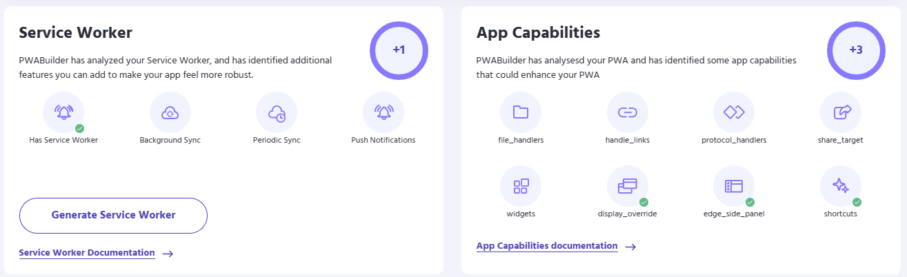 The new App Capabilities and Service Worker cards on the report card page.